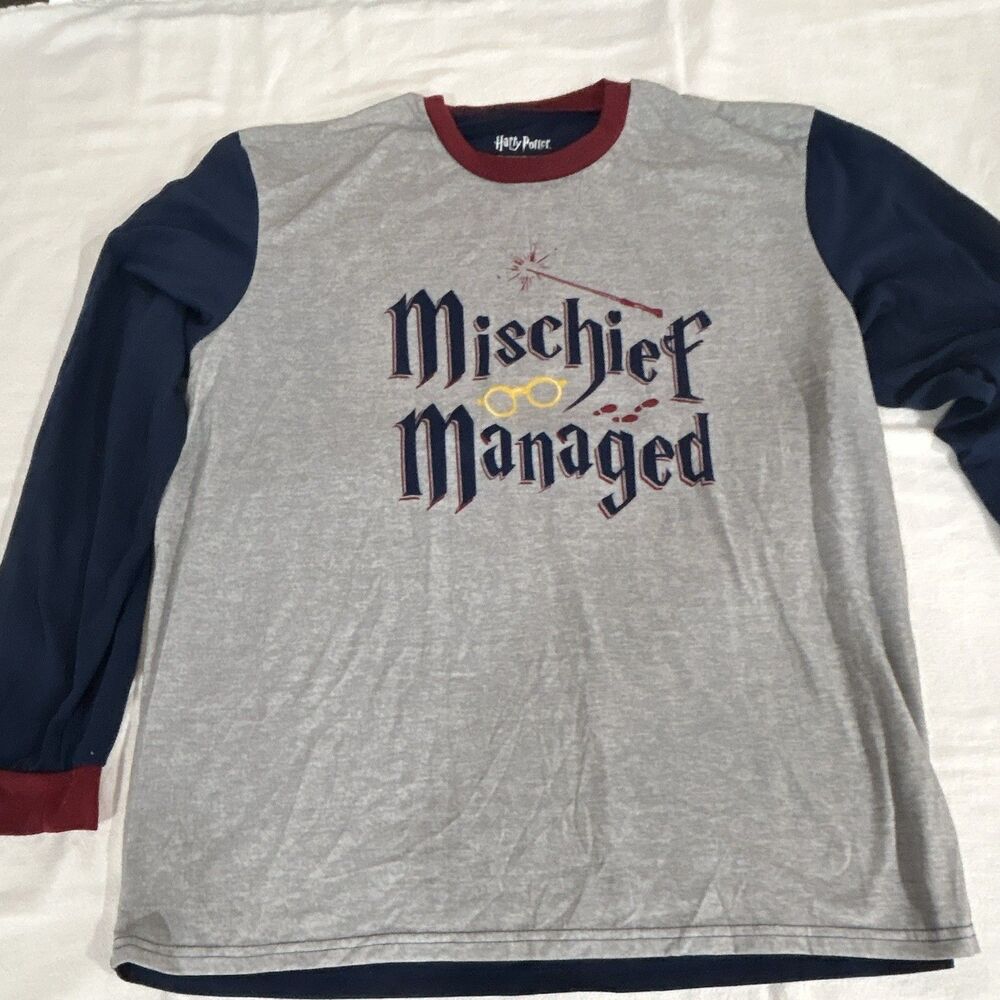 Harry Potter Mischief Managed Mens Lounge Shirt XL Long Sleeve Gray Navy Red